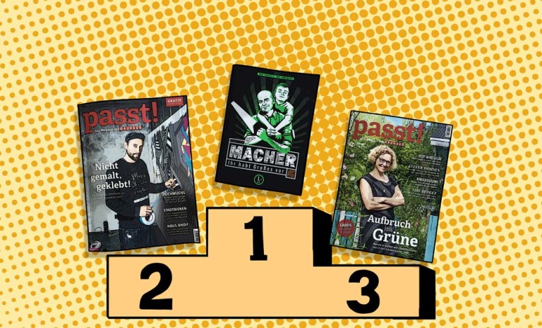 Siegertreppchen mit den Magazin-Covern von Macher (Hornbach) und Passt! (Bauhaus)