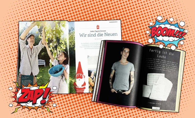 Zwei Artikel über Schrebergärten, nebeneinander aufgeschlagen in den Magazinen von Bauhaus und Macher.