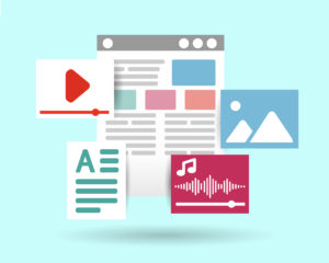 Darstellung von digitalen Darstellungsformen für Storytelling im Internet: Video, Text, Audio und Bild/Foto.